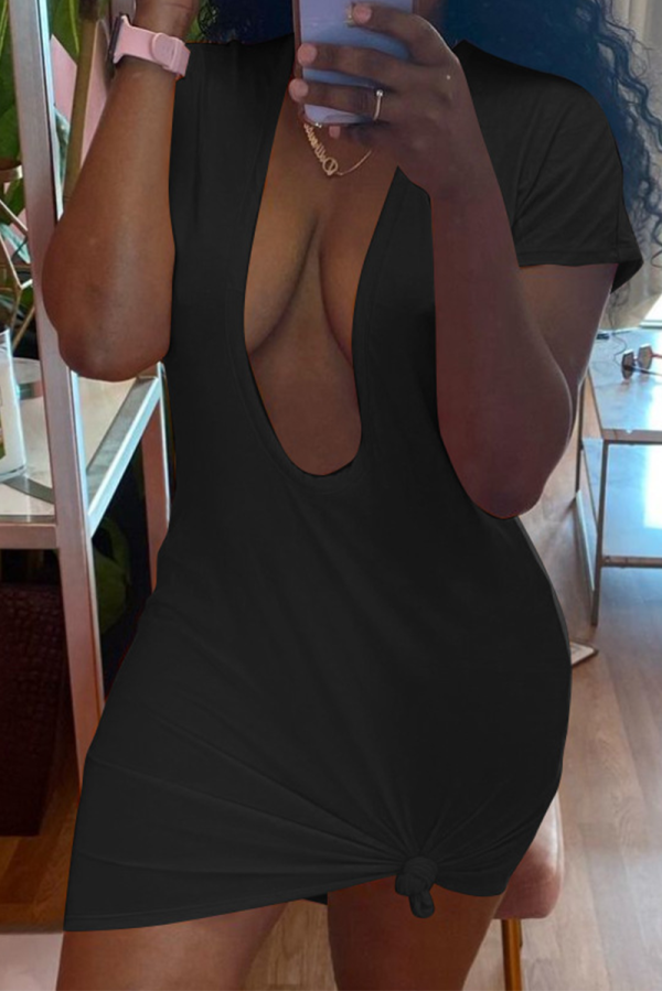 Black Sexy Solid Patchwork V Neck Pencil Skirt Dresses