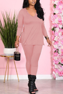 Pink Fashion Sexy Adult Solid Patchwork V Neck Long Sleeve Regular Sleeve Regular Two Pieces