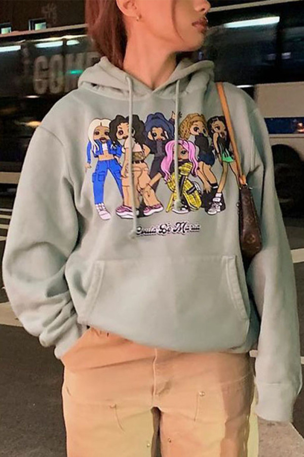 Grey Casual Print Hooded Collar Tops