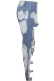 Light Blue Denim Button Fly Zipper Fly High Zippered Pocket washing Hole Straight Pants 