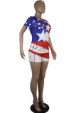 Red Fashion Casual adult Patchwork Print Two Piece Suits Straight Short Sleeve Two Pieces