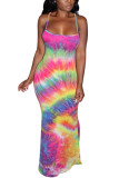 colour Fashion Sexy adult Ma'am colour Spaghetti Strap Sleeveless Slip Hip skirt Floor-Length Print backless Dresses