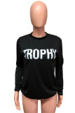Red Chemical fiber blend O Neck Long Sleeve Letter Print Tops