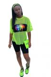 Fluorescent green Casual Fashion perspective Solid Fluorescent Patchwork Straight Two-Piece Short Set