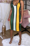 Red Fashion Sexy Red Blue Pink Yellow Wine Red Navy Blue Tank Sleeveless V Neck Hip skirt Knee-Length Striped Dresses