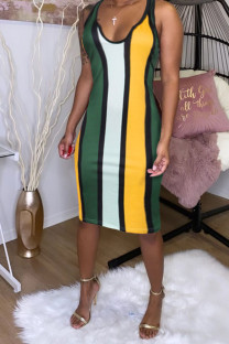 Yellow Fashion Sexy Red Blue Pink Yellow Wine Red Navy Blue Tank Sleeveless V Neck Hip skirt Knee-Length Striped Dresses