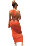 Black Fashion Sexy adult Black Orange Off The Shoulder Sleeveless Square Step Skirt Ankle-Length Patchwork bandage Solid backless Dresses