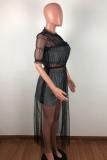 Green Casual Fashion Cap Sleeve Half Sleeves O neck Straight Ankle-Length Solid asymmetrical Mes