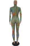 purple Fashion Sexy Gauze Patchwork Print See-through Half A Turtleneck Skinny Jumpsuits