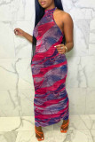 Orange Fashion Sexy Print Backless Halter Sleeveless Dress Dresses