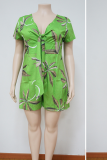 Red Sexy Print Patchwork V Neck Plus Size Jumpsuits