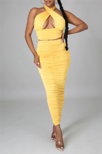 Yellow Sexy Solid Hollowed Out Backless Fold Halter Sleeveless Two Pieces