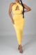 Yellow Sexy Solid Hollowed Out Backless Fold Halter Sleeveless Two Pieces