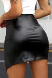 Royal blue PU Elastic Fly Sleeveless Mid Patchwork Asymmetrical Hip skirt shorts 