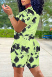 Fluorescent Green Casual Print Tie Dye Patchwork O Neck Short Sleeve Two Pieces
