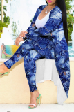Blue Sexy Print Patchwork Long Sleeve Two Pieces