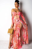 Red Sexy Fashion Off The Shoulder Long Sleeves Wrapped chest Step Skirt Ankle-Length Print split Patchwo