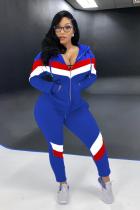Blue adult Fashion Active contrast color Patchwork Two Piece Suits Geometric pencil Long Sleeve