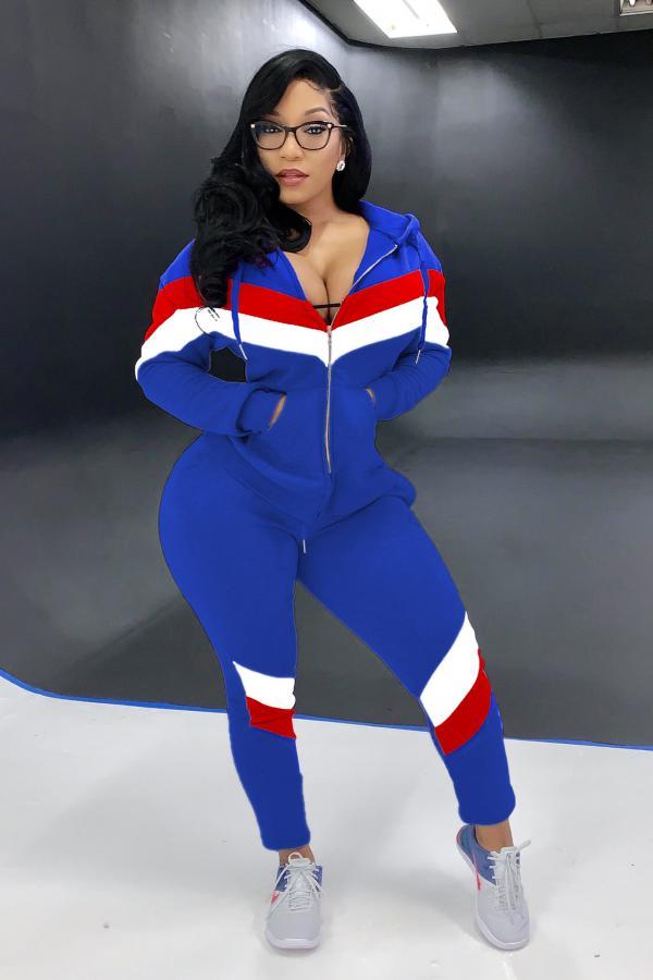 Blue adult Fashion Active contrast color Patchwork Two Piece Suits Geometric pencil Long Sleeve