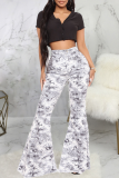 White Casual Print Patchwork High Waist Boot Cut Denim Jeans