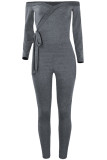 Light Gray Sexy Solid bandage Patchwork Long Sleeve V Neck Jumpsuits