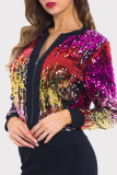 Colour Fashion Casual Patchwork Sequins Zipper Collar Outerwear