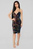 Blue Fashion Sexy Spaghetti Strap Sleeveless Slip Step Skirt Knee-Length Patchwork Print