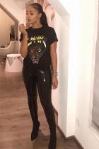 Black O Neck Short Sleeve Patchwork Print Animal Prints Tees & T-shirts