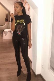 Black O Neck Short Sleeve Patchwork Print Animal Prints Tees & T-shirts