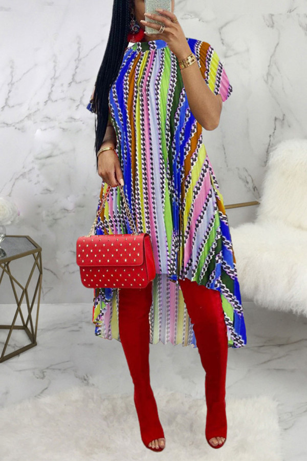 Multicolor Sexy Striped Patchwork O Neck Irregular Dress Dresses