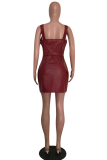 Burgundy Sexy Solid Patchwork V Neck Pencil Skirt Dresses