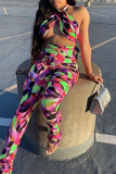 Purple Green Fashion Sexy Print Backless Halter Sleeveless Two Pieces