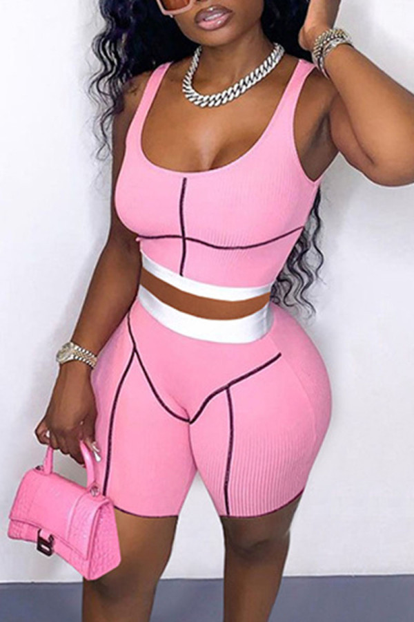 Pink Casual Print Patchwork U Neck Sleeveless Two Pieces