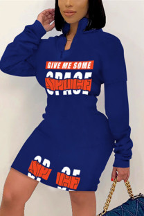 Blue Fashion Casual Print Letter Zipper Collar Long Sleeve Dress