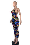 Black Fashion street Print Patchwork Hollow Sleeveless Slip Jumpsuits