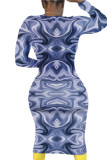Blue British Style Print O Neck Long Sleeve Mid Calf Pencil Skirt Dresses