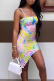 Yellow Sexy Print Patchwork Spaghetti Strap Irregular Dress Dresses
