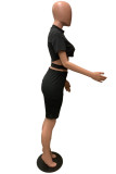 Black Fashion Casual Solid Hollowed Out O Neck Short Sleeve Two Pieces