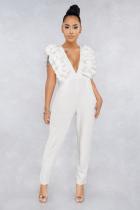 White Sexy Patchwork Solid Sleeveless V Neck Jumpsuits