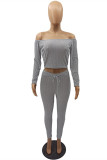 Orange Fashion Casual Solid Backless Off the Shoulder Long Sleeve Two Pieces