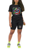 Black Fashion Casual adult Patchwork Print Character Two Piece Suits Straight Short Sleeve Two Pieces