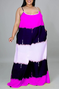 Rose Red Fashion Casual Print Backless Spaghetti Strap Plus Size Jumpsuits