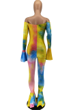 Colour Sexy Patchwork Tie-dye Off the Shoulder Boot Cut Jumpsuits