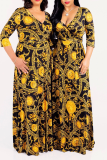 Pink Sexy Print Patchwork V Neck Waist Skirt Dresses