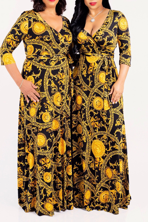 Gold Sexy Print Patchwork V Neck Waist Skirt Dresses