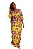 Yellow adult Fashion OL Cap Sleeve Long Sleeves V Neck A-Line Floor-Length Print bandage Geometri