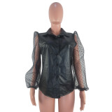 Black PU Turtleneck Long Sleeve Puff sleeve Solid perspective Patchwork Mesh Dot 