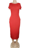 Cyan Fashion Casual White Red Black Orange Yellow Cyan Cap Sleeve Short Sleeves O neck Pencil Dress Mid-Calf Solid Dresses