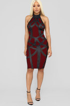 Red Fashion Off The Shoulder Sleeveless O neck Slim Dress Knee-Length Patchwork 