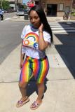 White Casual Fashion adult Rainbow Print pencil Short Sleeve Two-Piece Short Set